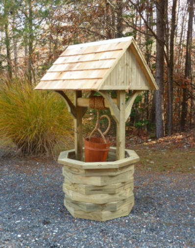 6 ft. tall large wooden wishing well with cedar roof and bucket
