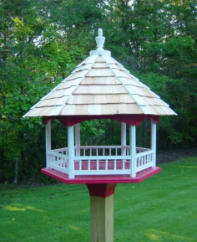 Platform fly-through bird feeder red and white with cedar roof
